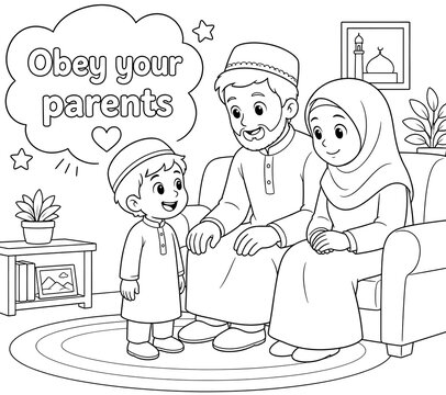 Muslim Family Line Art Coloring Page: Boy Obeying Parents, Islamic Family Values Cartoon