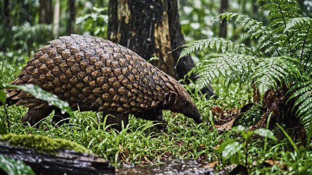 Pangolin foraging in lush tropical rainforest during rain