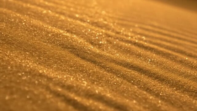 Close up of golden sand dunes rippling with gentle wind motion across desert landscape footage.