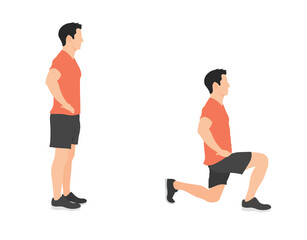 Fototapeta premium Forward lunge exercise demonstration with man in orange shirt and gray shorts on transparent background high-quality professional detailed modern elegant stylish clean crisp vibrant