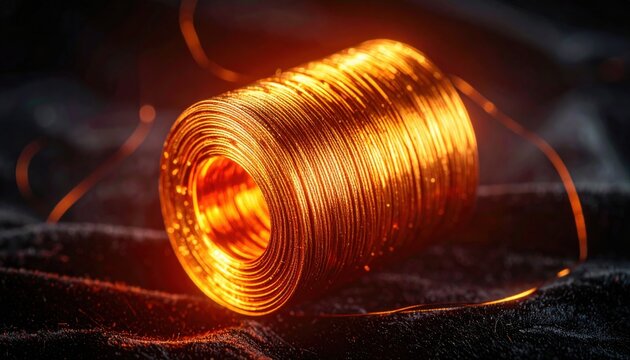 A close up view of a superconducting coil wound with ultra fine magnetic wire glowing with golden light in a high technology environment.