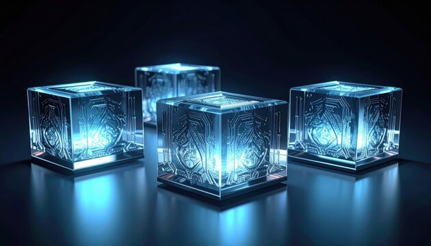 Intricate crystalline quantum processors with etched patterns glowing with bright blue light, representing the future of advanced computing and high performance hardware infrastructure.