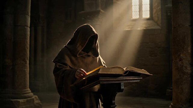 Monk in hooded robe reads ancient manuscript in stone monastery. Religious man studies scripture by light from window. Medieval cleric focuses on historical book, learning in quiet sanctuary library