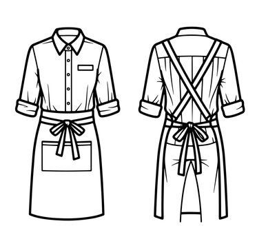Cafe worker uniform with waist apron and rolled sleeves, front and back line art