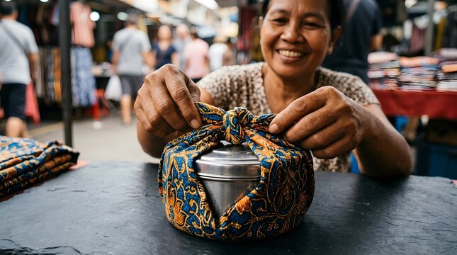 Happy Indonesian Woman Wrapping Metal Lunch Box in Traditional Batik Cloth at Local Market Portrait