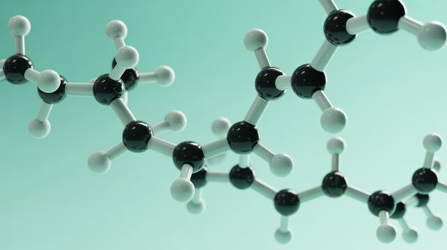 Molecular polymer chain structure with and white atoms on a teal background
