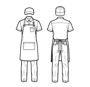 Professional service uniform with apron and baseball cap, front and back view line art