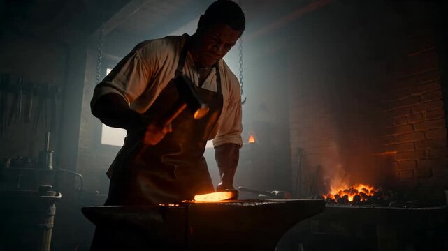 Black muscular blacksmith hits glowing metal piece on anvil in workshop. Man in leather apron shapes hot iron with hammer. Traditional craftsmanship, manual labor and intensive metalworking process