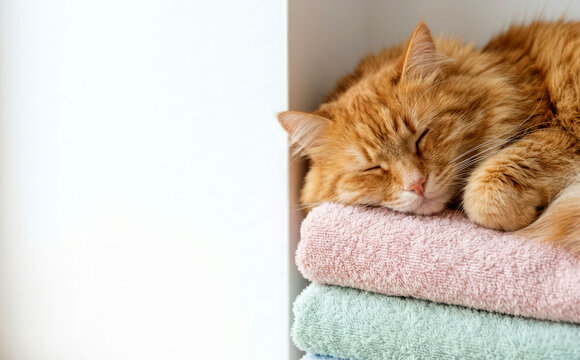 Fluffy ginger cat sleeping peacefully on a stack of soft pastel towels on a white wall background with copy space. Cozy domestic scene perfect for pet, home and lifestyle visuals.