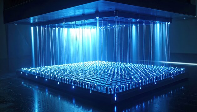 Superconducting qubit array rendered as a dense network of tiny glowing conduits, representing the futuristic architecture of high performance quantum computing processing systems.