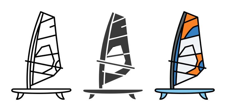 Windsurfing icon set with windsurf board and sail in outline, solid and color styles, white background