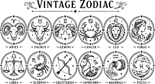 Vintage Zodiac Line Icon Set &ndash; 12 Astrology Symbols Black and White Engraving Style