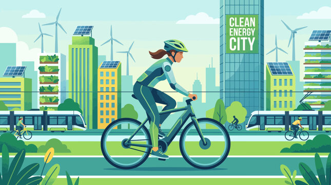 Eco-Friendly City Cyclist: A vibrant illustration showcases a cyclist enjoying a ride through a clean energy city, where sustainable living and environmental consciousness are paramount.