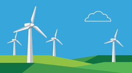 Fototapeta premium Renewable Energy: A depiction of a clean, sustainable future, with wind turbines dotting a verdant landscape under a bright, clear sky. It symbolizes the harmony between technology and nature.
