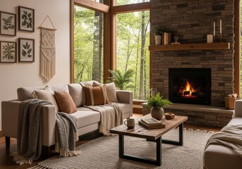 Fototapeta premium Modern Rustic Living Room with Stone Fireplace and Large Windows, Cozy Interior Design featuring Neutral Sofa, Wooden Coffee Table, and Forest View
