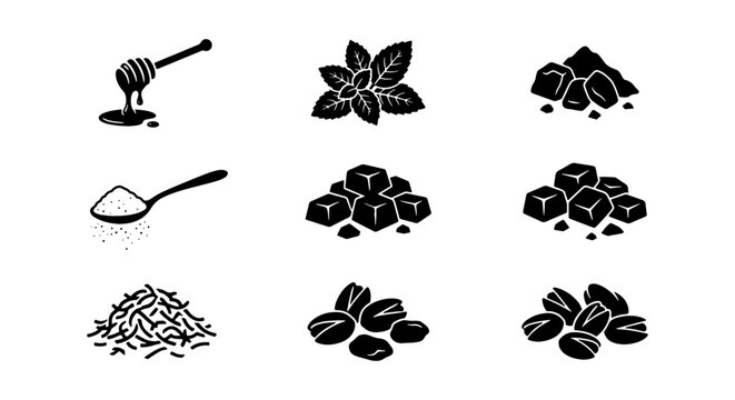 Black silhouette food icons set, organic ingredients including honey dipper and mint leaves, sugar cubes and nuts vector collection for packaging