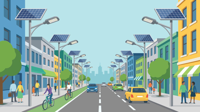 Eco-Friendly Avenue: A vibrant city street, illuminated by sustainable solar-powered streetlights, showcases a commitment to eco-friendly urban living and green transport. 
