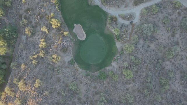 An aerial view of a desert golf course in the American southwest.