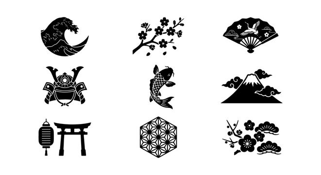 Japanese cultural icons set, black silhouette oriental symbols including koi fish and sakura, traditional asian vector elements for logo design