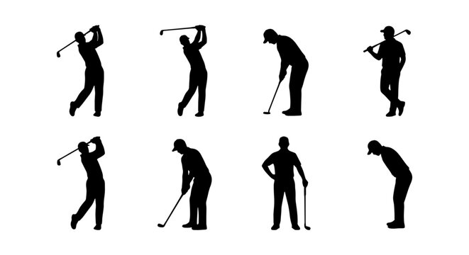 Professional golf player silhouettes set, 8 male golfer vector icons in various swing and putting poses, black athletic figures for sports design