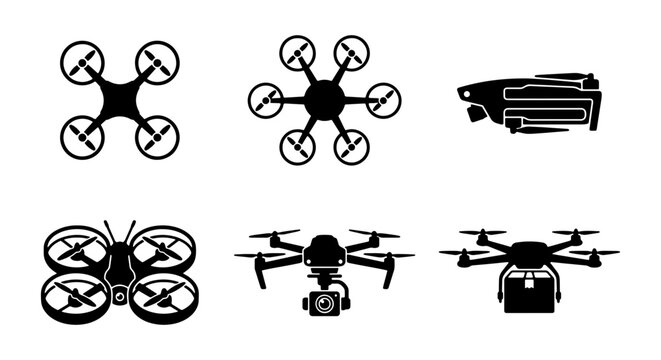 Modern drone icon set, black silhouette quadcopter and hexacopter vector illustrations, aerial photography and delivery drone symbols for logistics