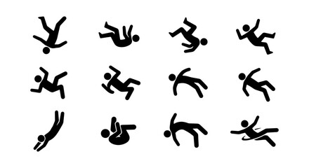 Falling person stick figure icons, set of 12 black silhouette man falling down, accident and injury warning symbols, vector human motion poses © Rakib