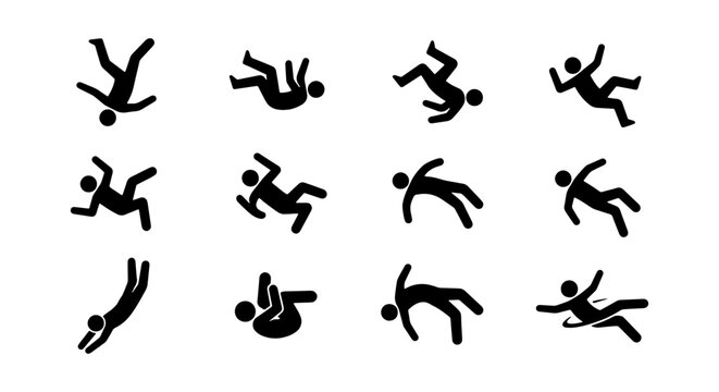 Falling person stick figure icons, set of 12 black silhouette man falling down, accident and injury warning symbols, vector human motion poses