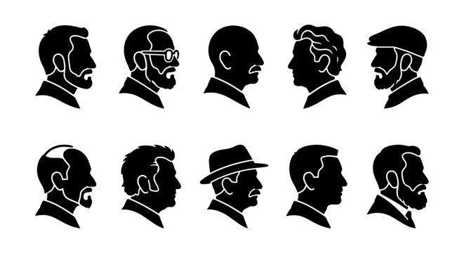 Vintage male profile silhouettes set, 10 bearded men head icons in side view, black and white gentleman portraits vector collection for barbershop branding