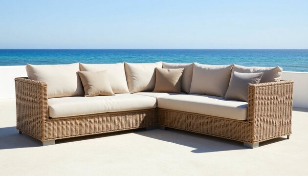 Relaxing outdoor seating ocean view comfortable sofa beachside terrace bright day modern lifestyle