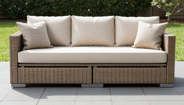 Outdoor relaxation sofa garden furniture photography natural light side view home comfort concept