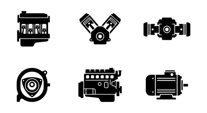 Automotive engine icon set, 6 black vector silhouettes of internal combustion motors and electric engine, mechanical piston and rotary engine symbols