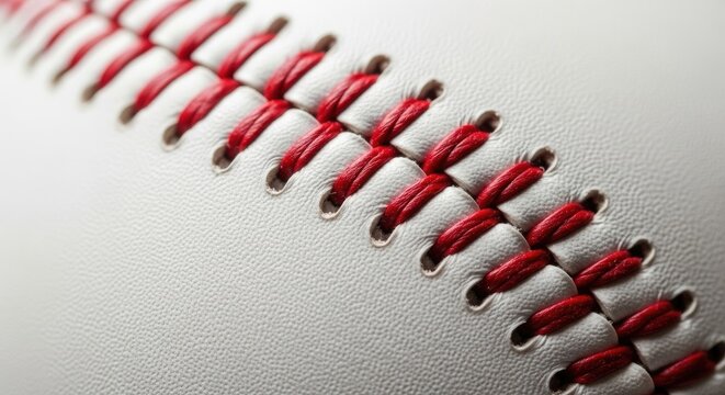 Close-up of red stitching on white leather baseball, sports equipment, athletic texture, seam detail