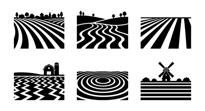 Minimalist farm landscape icons, black and white agriculture field silhouettes, set of 6 rural farmland vector illustrations for organic food branding
