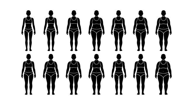 Female body shape silhouettes, set of 14 diverse woman figure types in underwear, body positivity and weight loss progress vector icons