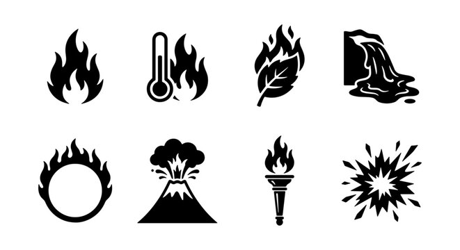 Black fire and heat icons set, 8 flat vector symbols of flame, volcano, torch and explosion, minimalist thermal energy and disaster signs