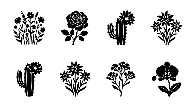 Minimalist black flower icons, set of 8 botanical silhouette vectors, floral rose and cactus glyphs, decorative garden plant symbols for logo design