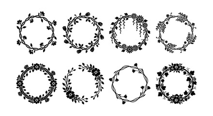 Obraz premium Vintage floral wreath collection, 8 black silhouette botanical frames, rustic garden flower border set, elegant hand drawn leaf circle ornaments