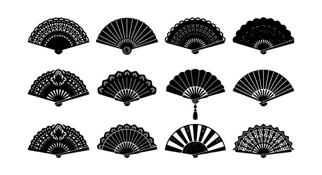 Traditional hand fan silhouettes set, 12 black oriental folding fan icons, decorative vintage asian fan vector illustrations for fashion and cultural design