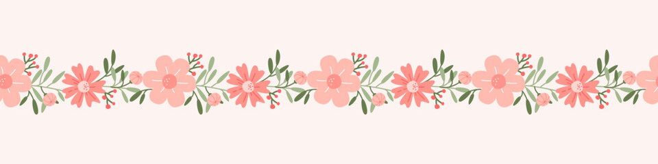 Botanical seamless border with decorative wildflowers.  Meadow Spring plants, greenery and flowers. Easter Flowers. Trendy hand drawn pattern for wedding invitation, wall art, greeting cards, fabric.  © Olena