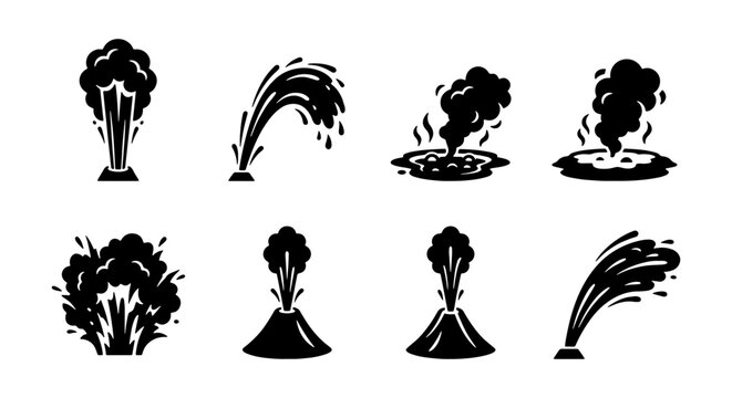 Oil rig explosion and gushing geyser icons, black silhouette industrial spill and volcano eruption set, 8 vector elements for energy industry