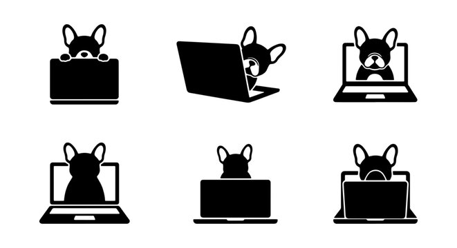 French Bulldog laptop icons set, black and white dog silhouette vector collection, funny puppy working on computer graphics for web design