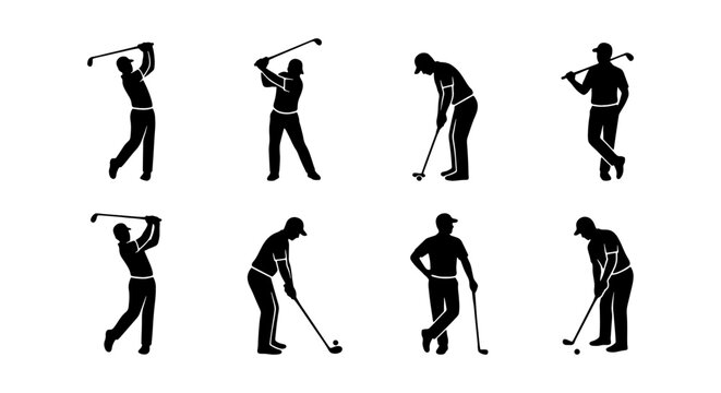 Golf player silhouettes set, professional golfer swinging club and putting ball, 8 male athlete figures in black and white vector format