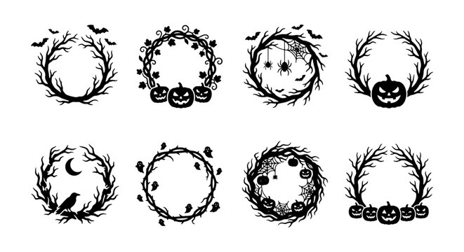 Spooky Halloween wreath collection, 8 black silhouette circular frames with pumpkins and bats, gothic branch borders for invitations and decor