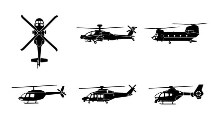 Military and civilian helicopter silhouettes set, black aircraft vector icons collection, 6 helicopter types including transport and attack choppers © Towhidul