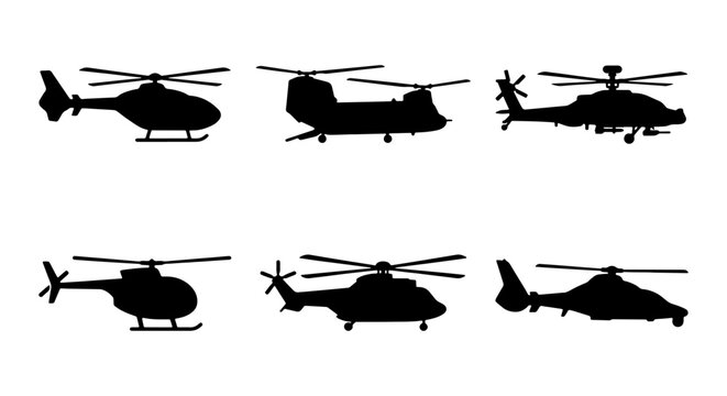 Helicopter silhouette vector set, black military and civilian aircraft icons, collection of 6 chopper transport symbols for aviation design