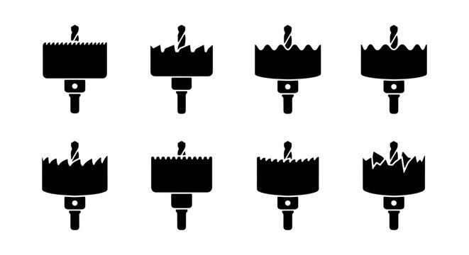 Industrial hole saw drill bit icons set, professional metal and wood cutting tools, black silhouette hardware equipment vector collection