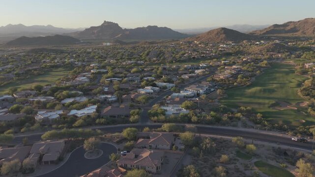 An aerial view of a desert golf course in the American southwest.
