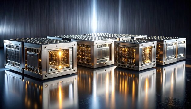 Gleaming metallic quantum logic gate processors arranged in a futuristic array, showcasing sophisticated superconducting hardware architecture designed for high speed data computing.