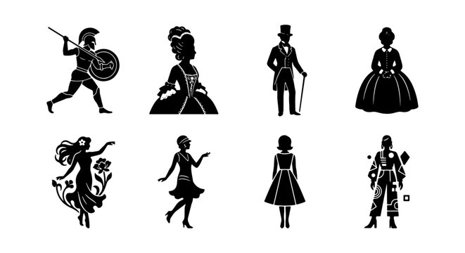 Vintage historical fashion silhouettes set, black vector people icons in period costumes, 8 antique character illustrations for educational design