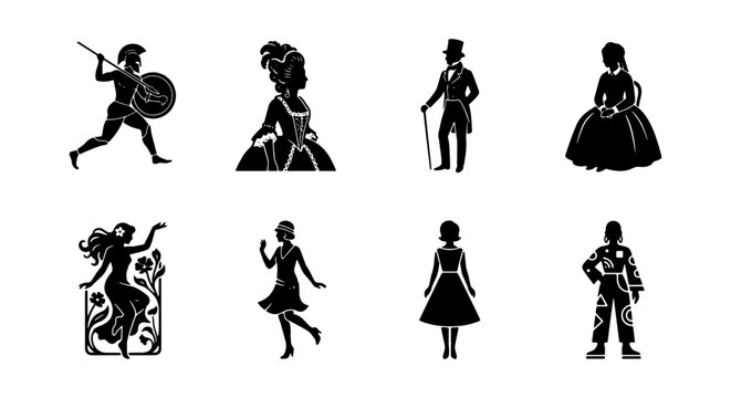 Vintage historical fashion silhouettes, set of 8 vector icons, antique people and period costumes, retro human figures through the ages